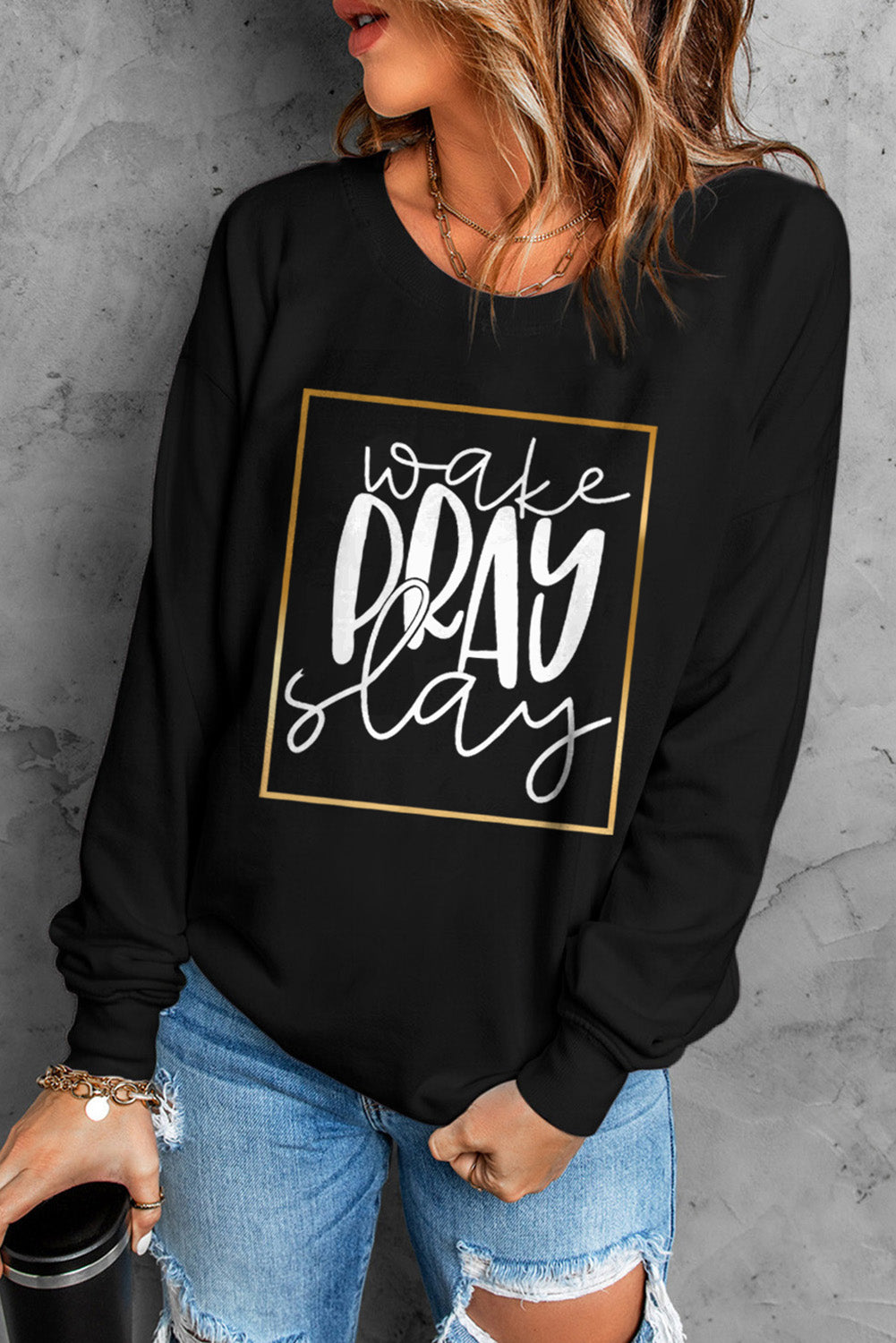 Wake Pray Slay Glitter Print Pullover Sweatshirt