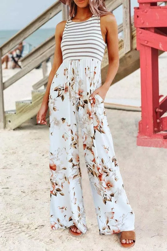 Striped Floral Pocket Sleeveless Jumpsuit