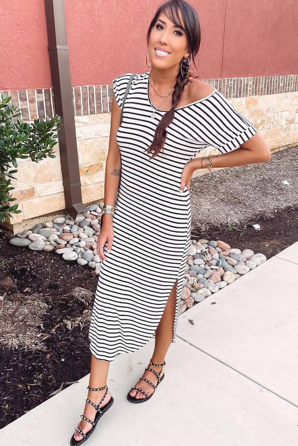 Striped Print Side Split Short Sleeve V Neck Maxi Dress