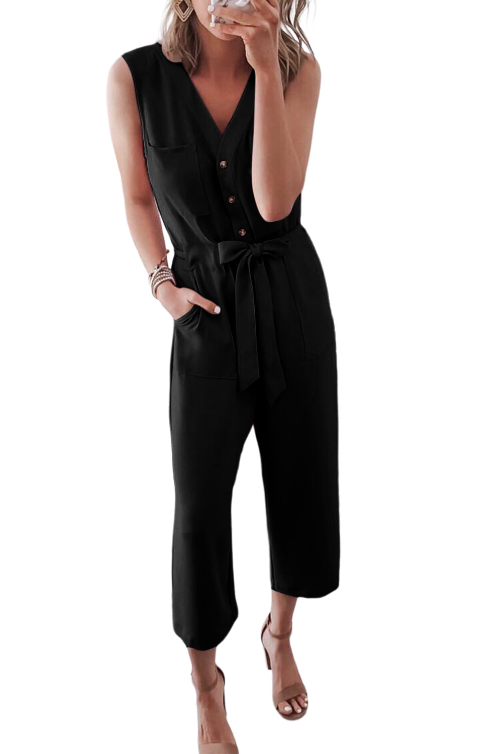 Buttoned Sleeveless Cropped Jumpsuit with Sash