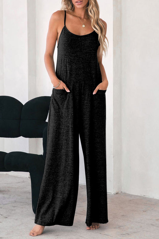 Loose Fit Side Pockets Spaghetti Strap Wide Leg Jumpsuit