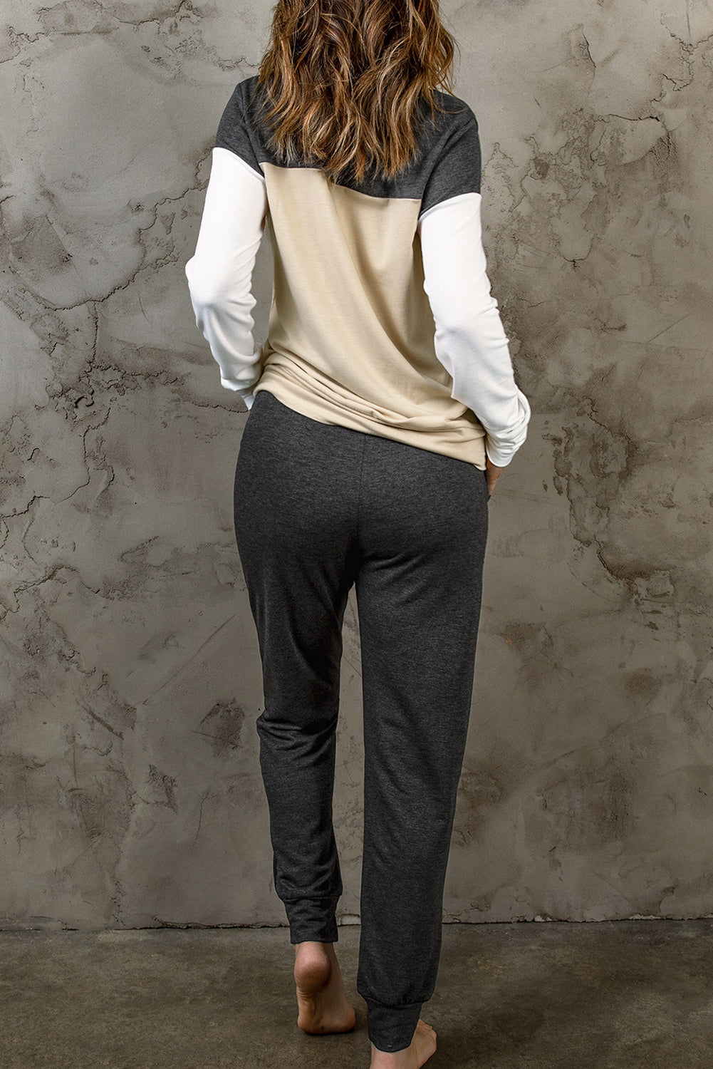 Khaki Color Block Pullover 2pcs Loungewear Set