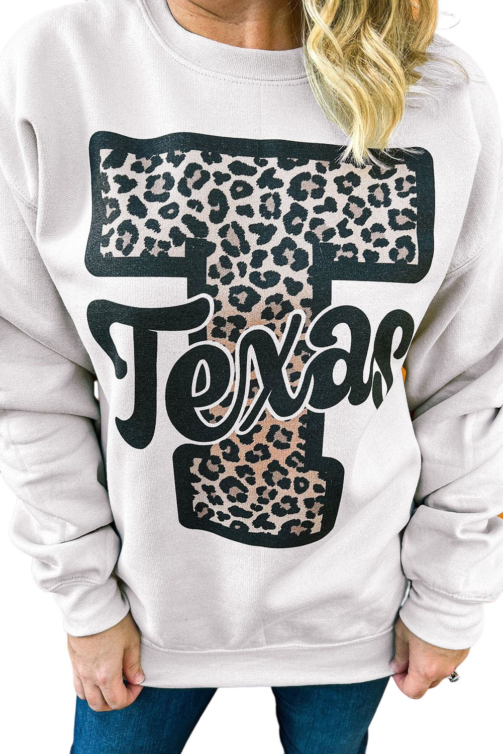 T Texas Leopard Print Long Sleeve Oversized Sweatshirt