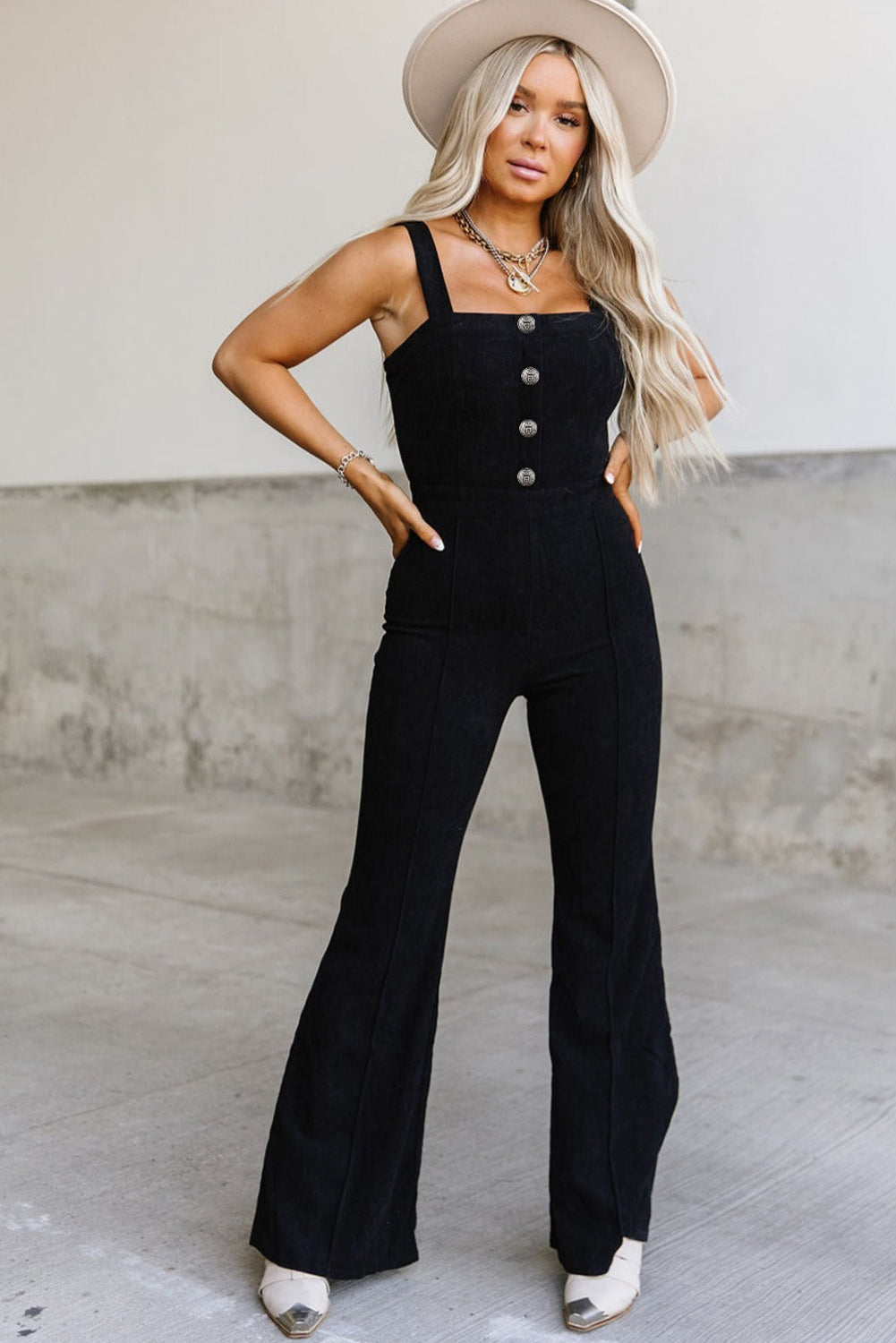 Sleeveless Buttoned Bodice Wide Leg Corduroy Jumpsuit