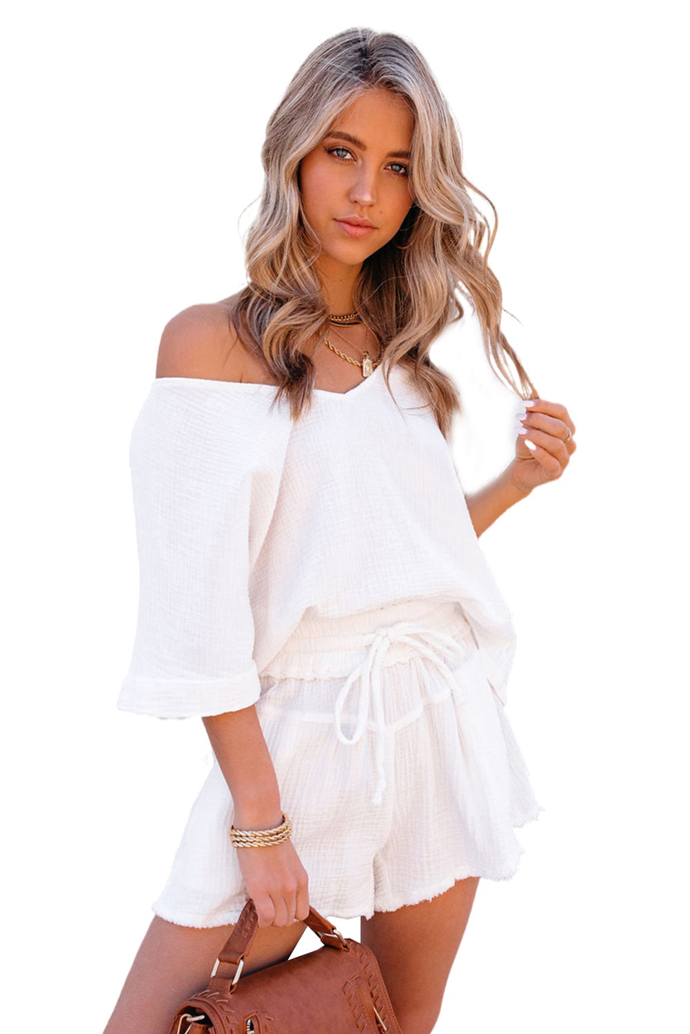 Relaxed V Neck Blouse and Drawstring Raw Hem Shorts Set