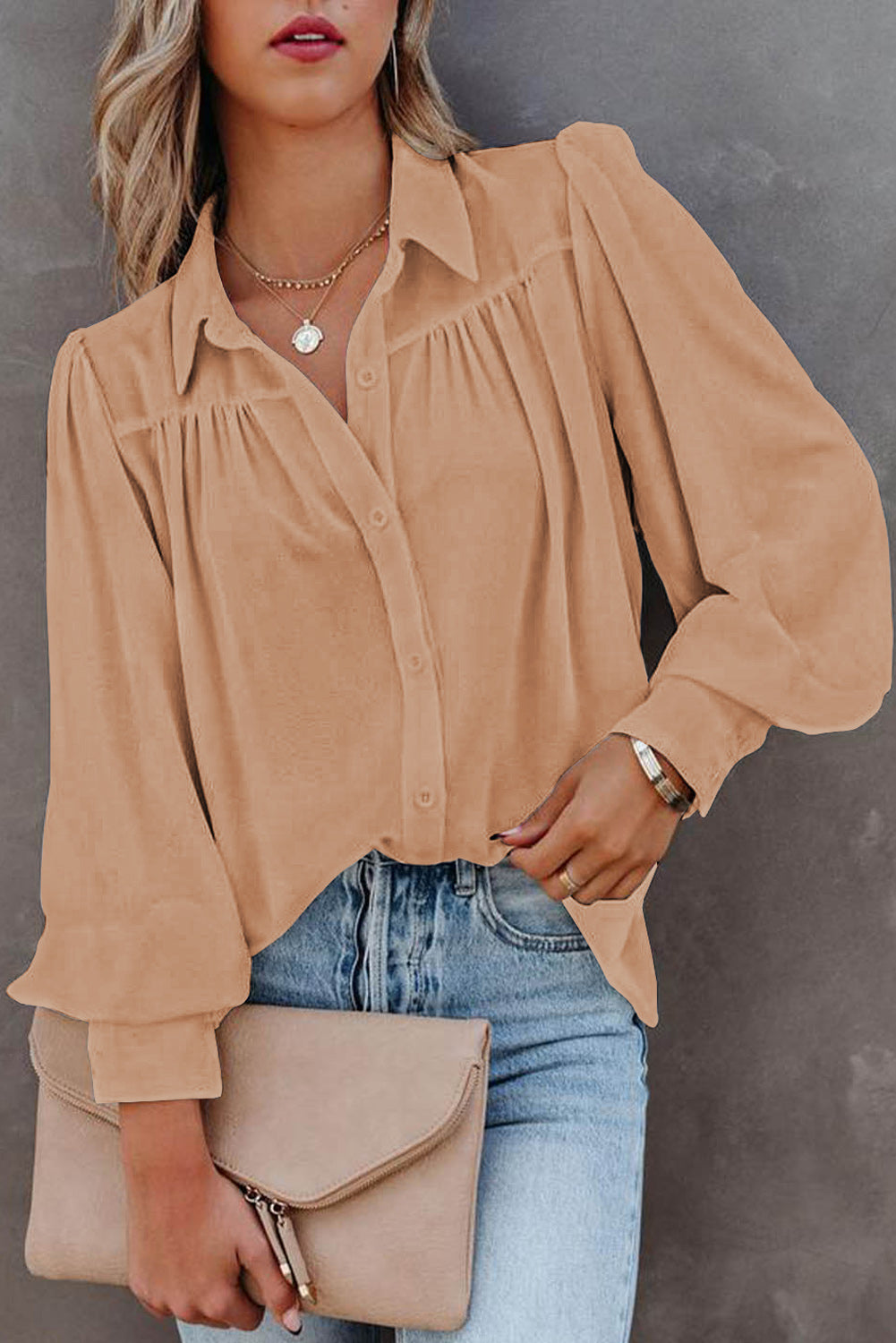 Khaki Solid Button-up Loose Long Sleeve Shirt