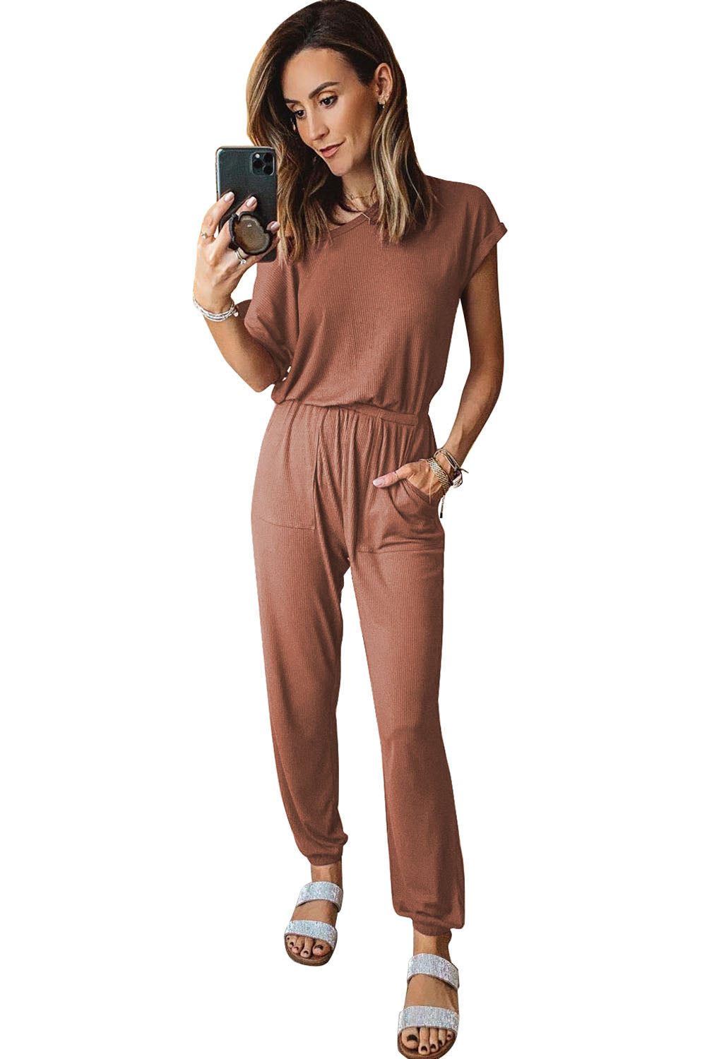 Ribbed Short Sleeve Jumpsuit