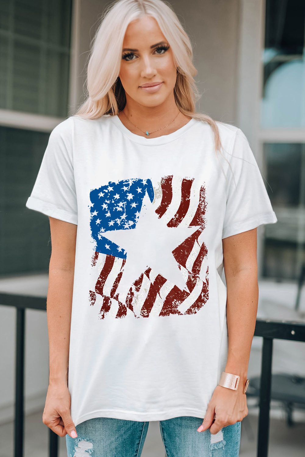 American Flag Star Graphic Print Crew Neck T Shirt