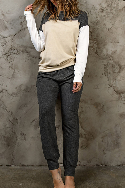 Khaki Color Block Pullover 2pcs Loungewear Set