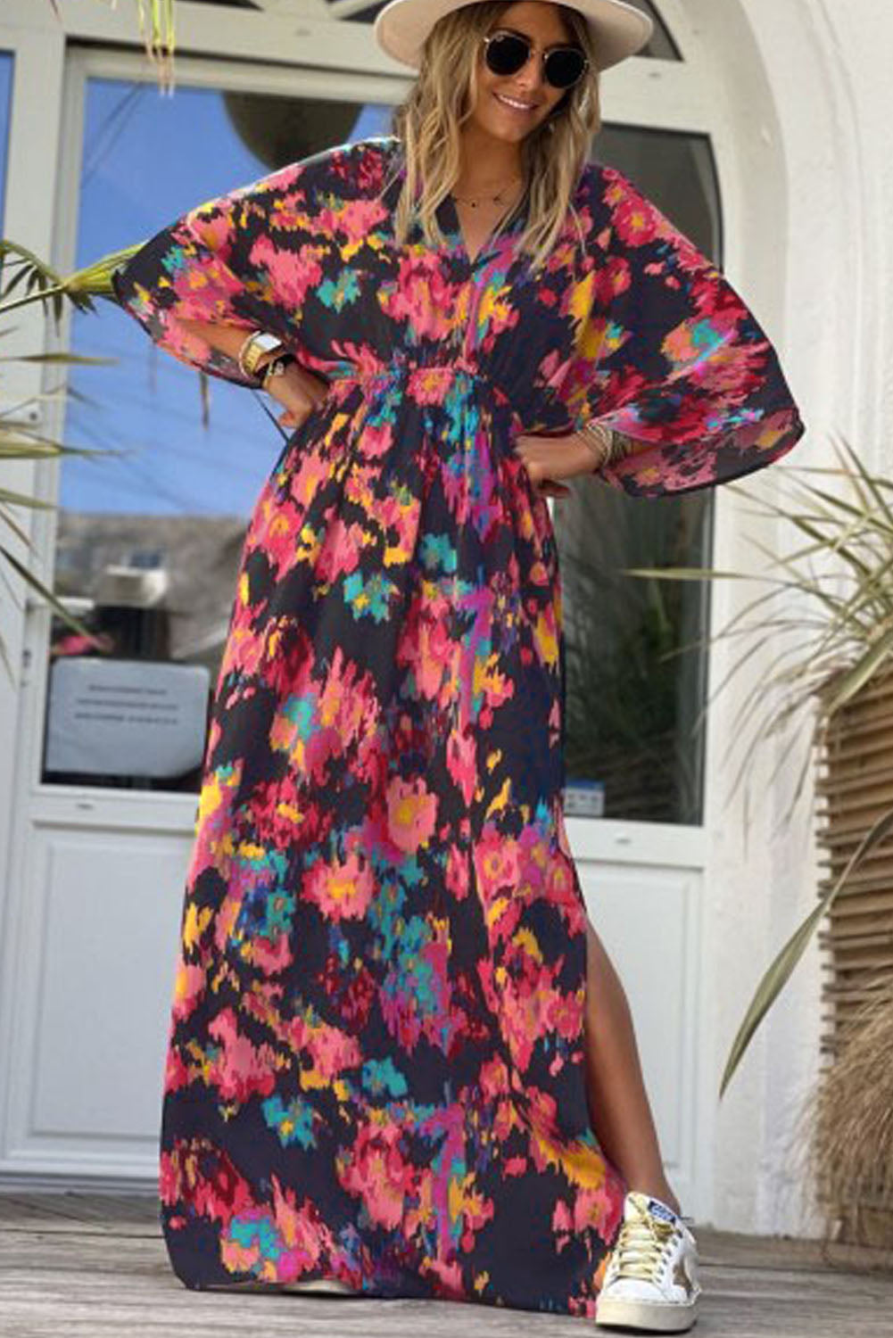 Multicolor Abstract Print V Neck Dolman High Waist Maxi Dress