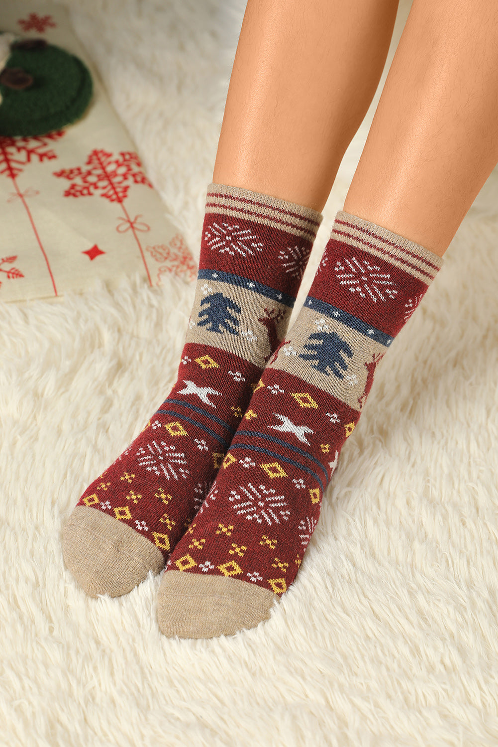 Multicolor 5 Pairs Christmas Reindeer Snowflake Pattern Socks