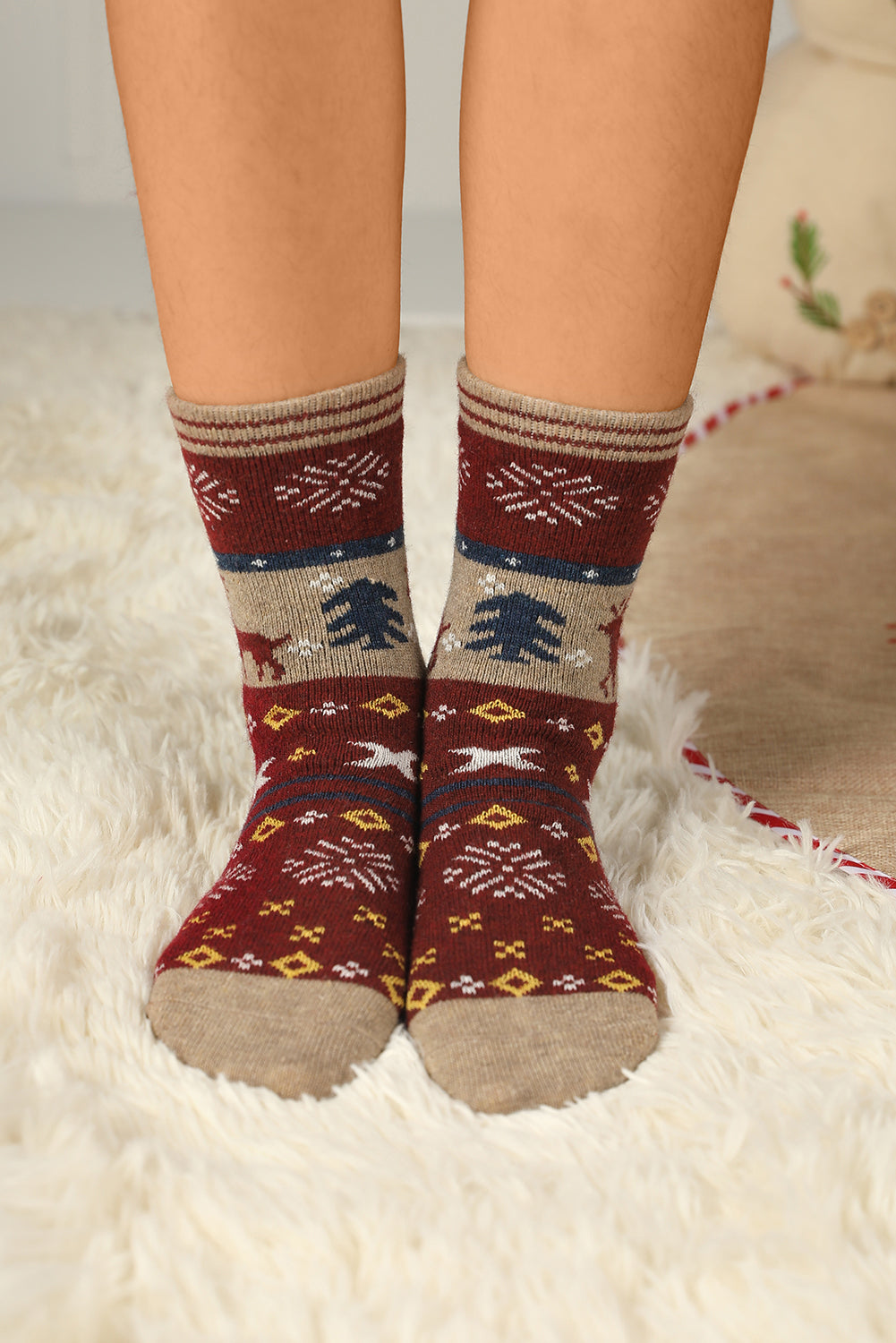 Multicolor 5 Pairs Christmas Reindeer Snowflake Pattern Socks