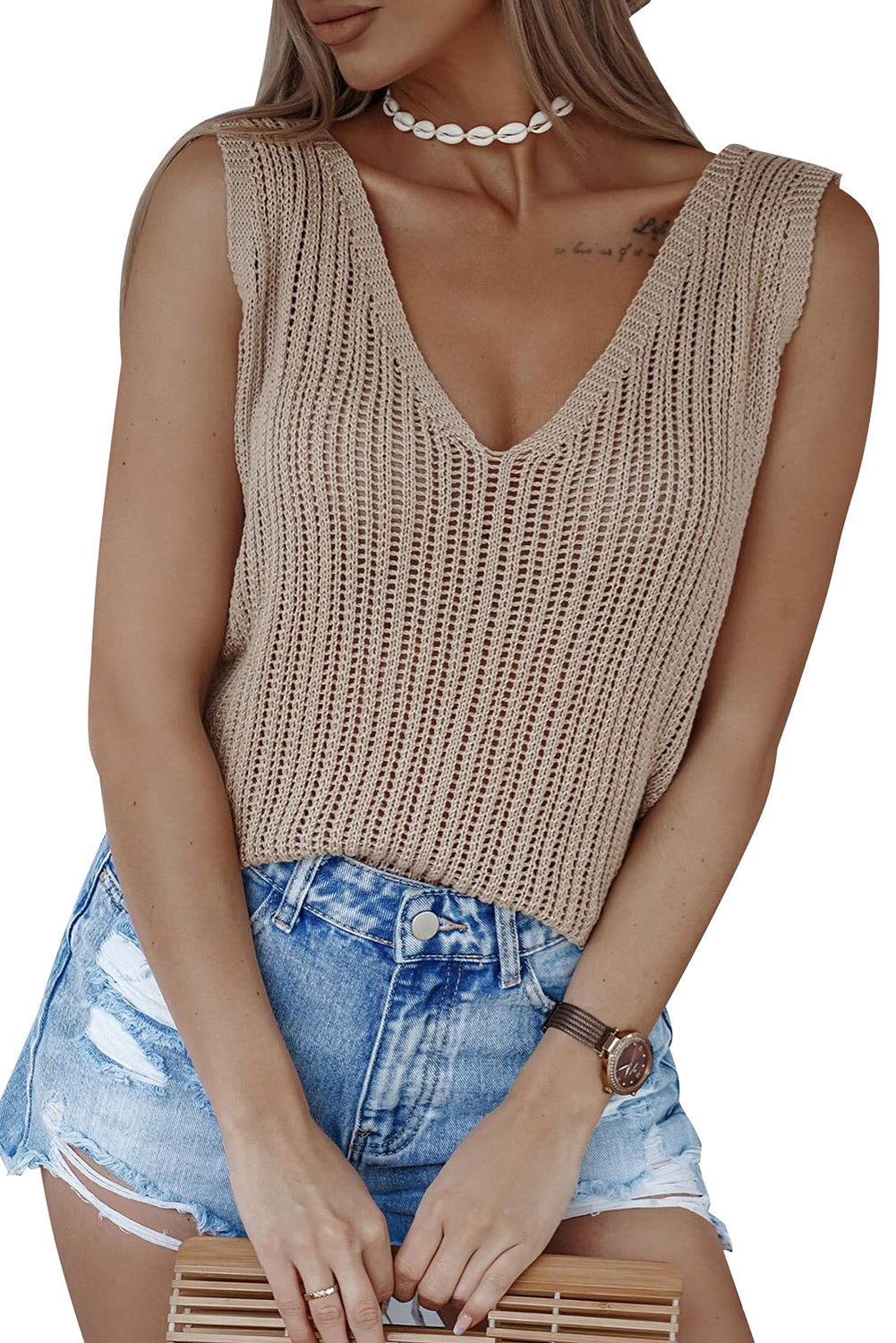 Khaki Hollowed Knit V Neck Tank Top