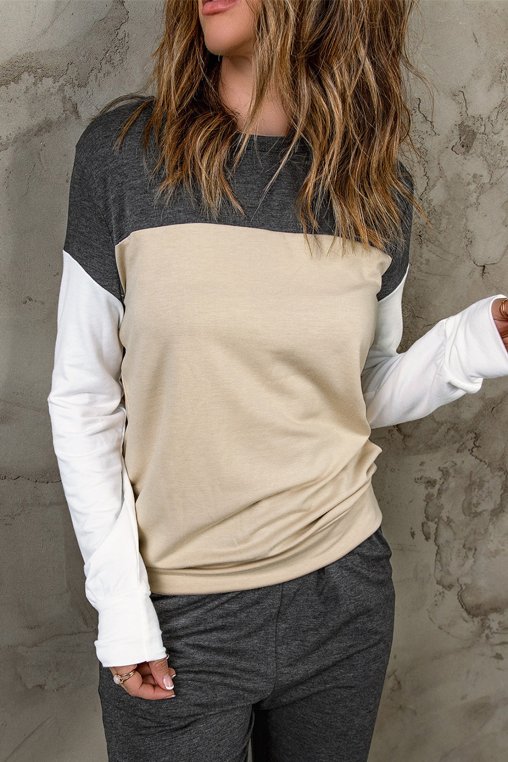 Khaki Color Block Pullover 2pcs Loungewear Set