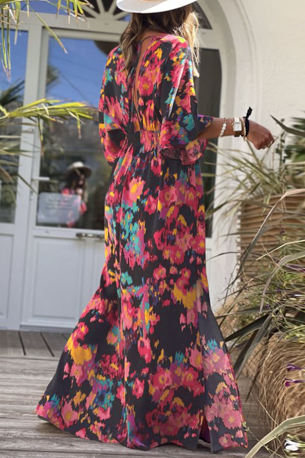 Multicolor Abstract Print V Neck Dolman High Waist Maxi Dress