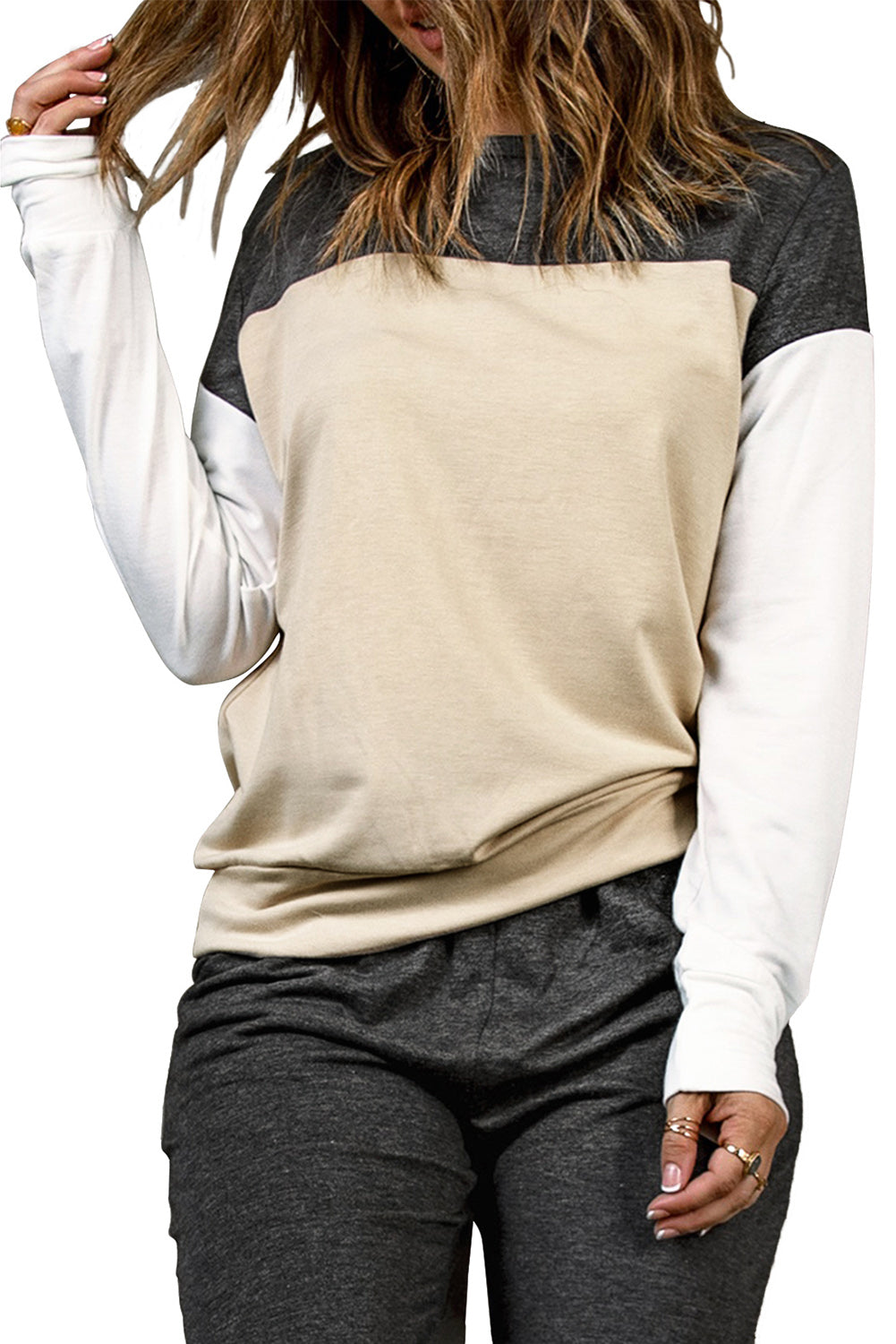 Khaki Color Block Pullover 2pcs Loungewear Set