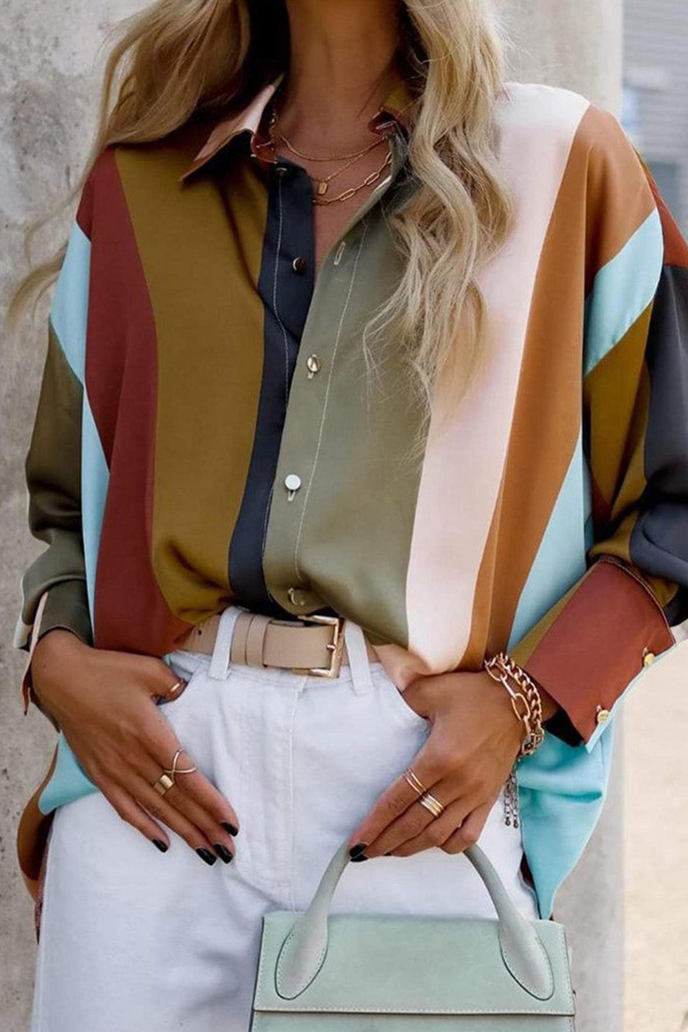 Multicolor Stripe Color Block Oversized Long Sleeve Shirt