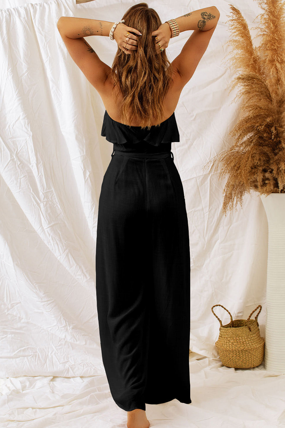 White Ruffled Bandeau Wide Leg Jumpsuit