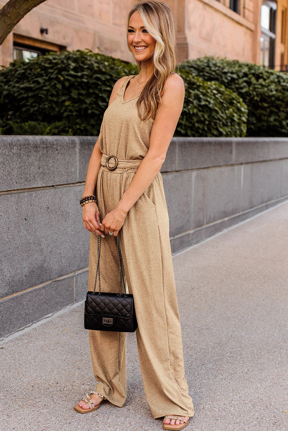 Casual Sleeveless Buckle Sash Knit Jumpsuit