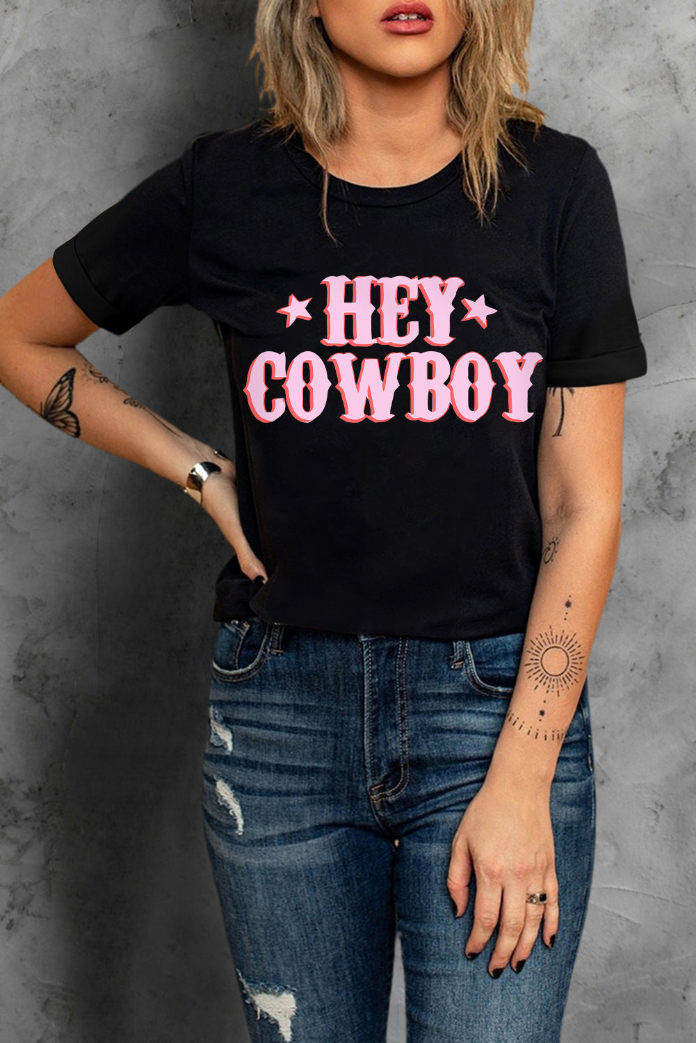 HEY COWBOY Letters Crew Neck T-shirt