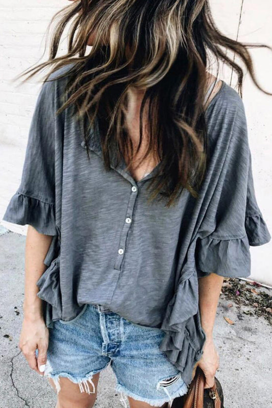 Ruffled Half Sleeve Buttoned Loose T Shirt