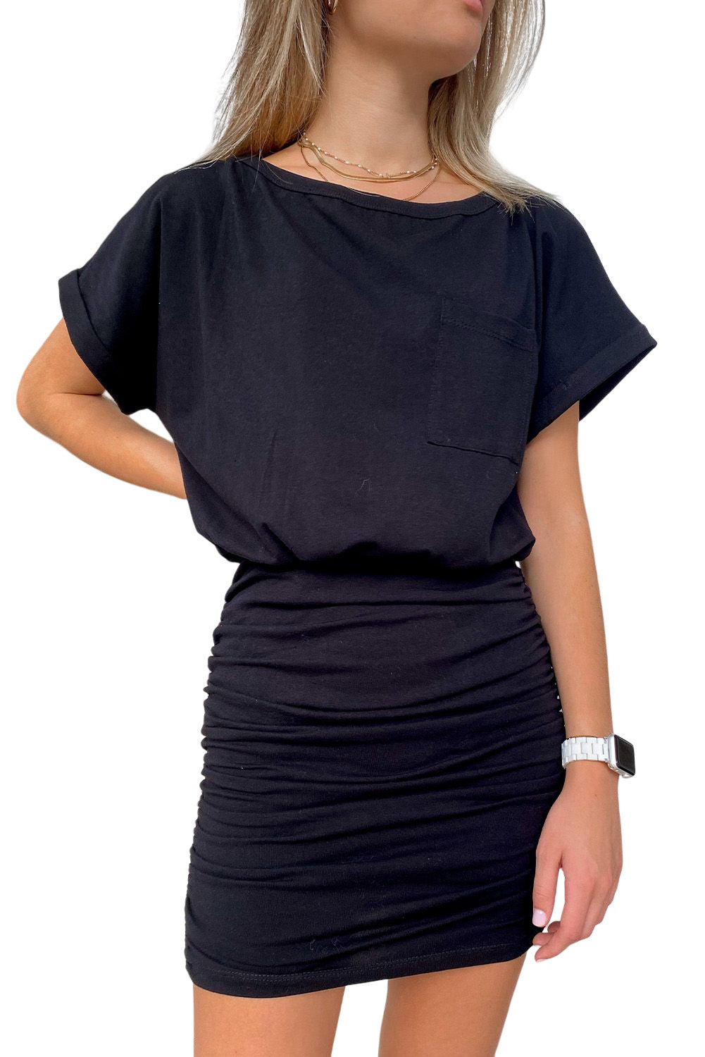 Chest Pocket Loose T-shirt Ruched Bodycon Mini Dress