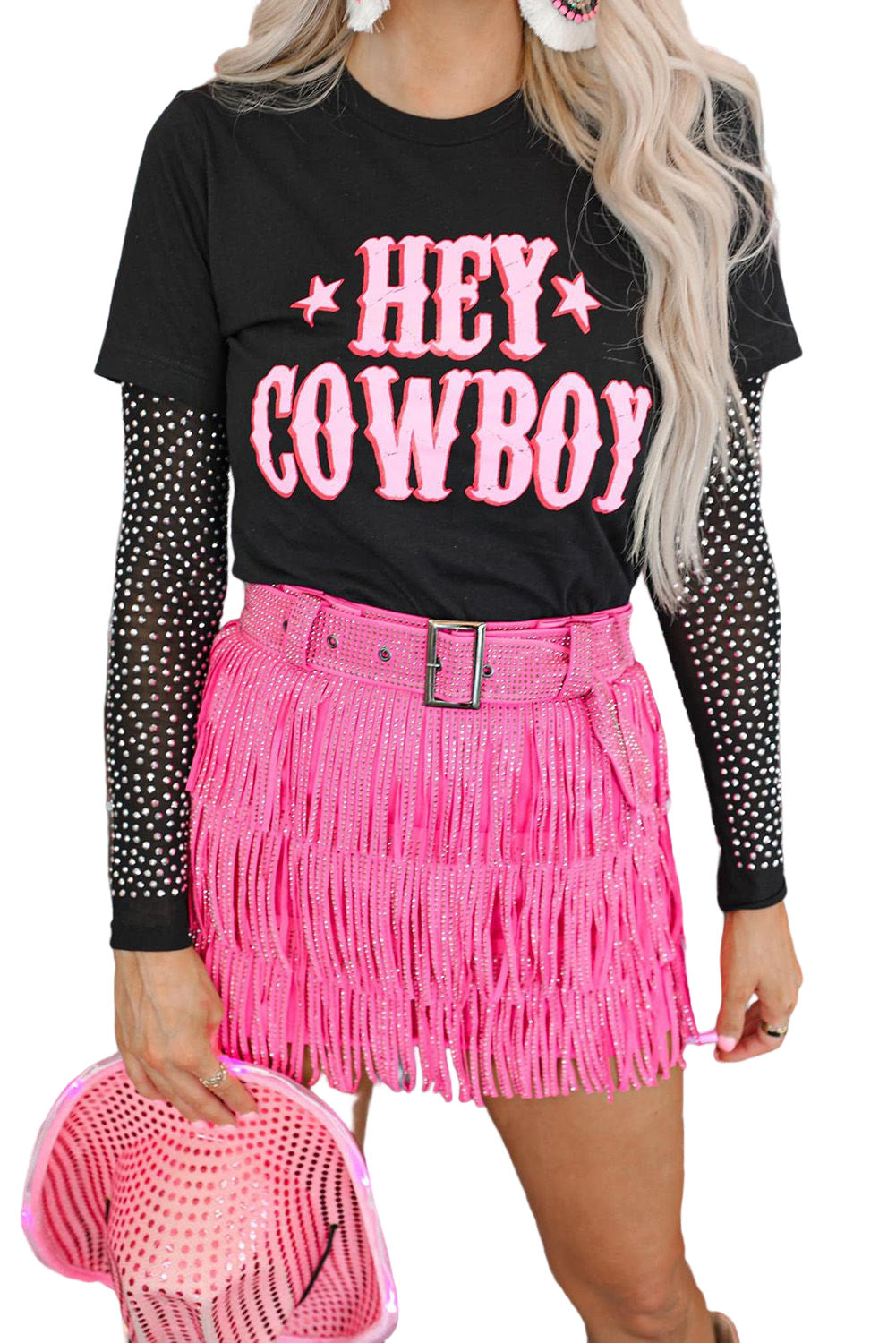 HEY COWBOY Letters Crew Neck T-shirt