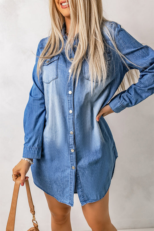 Flap Pockets Snap Button Denim Mini Dress