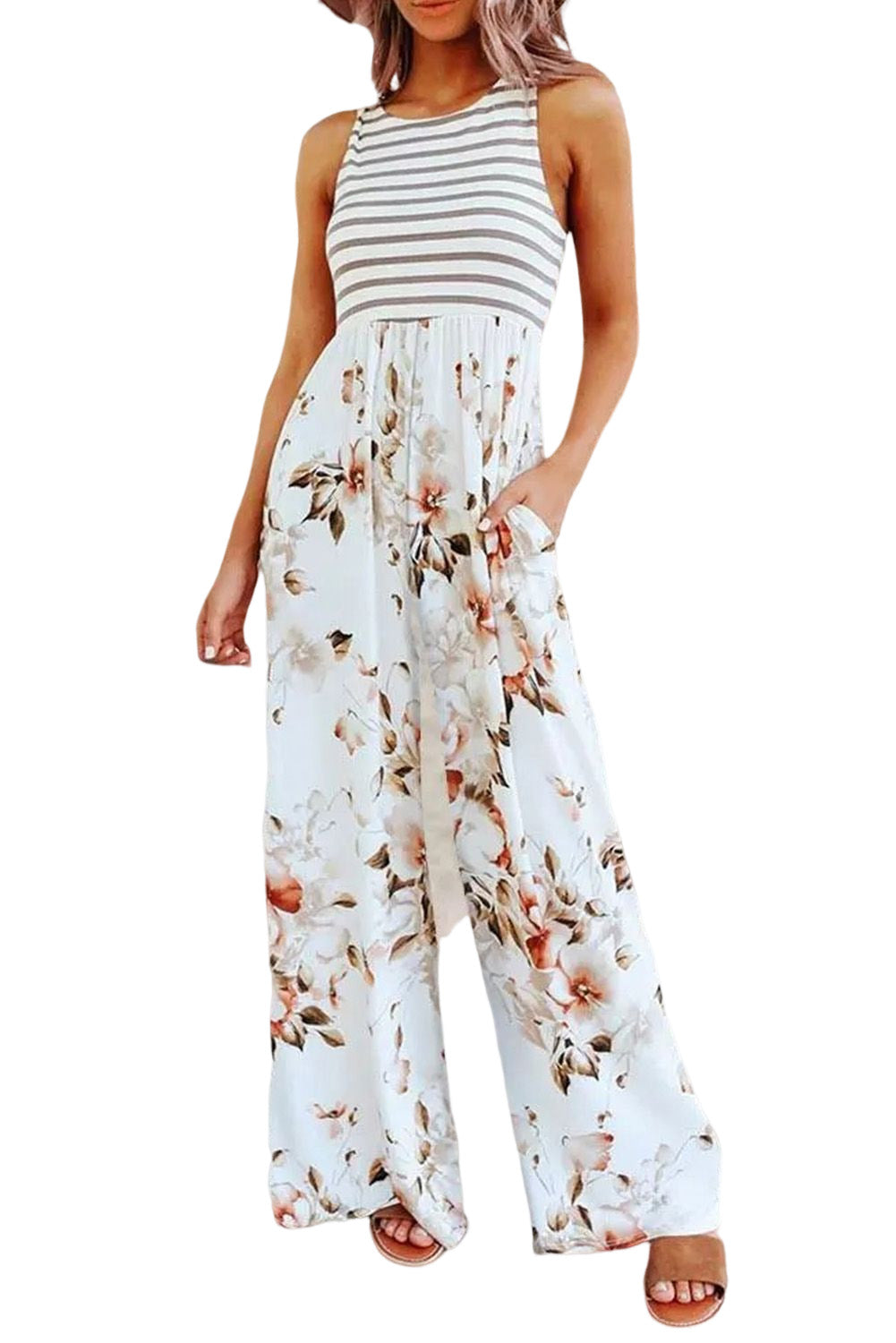 Striped Floral Pocket Sleeveless Jumpsuit