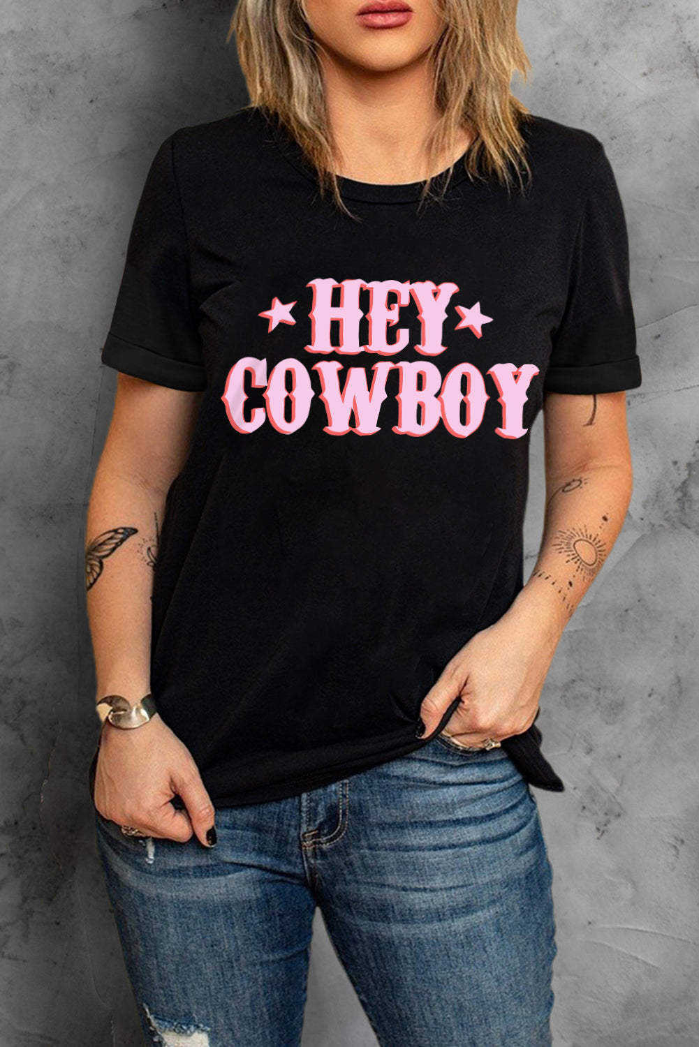 HEY COWBOY Letters Crew Neck T-shirt