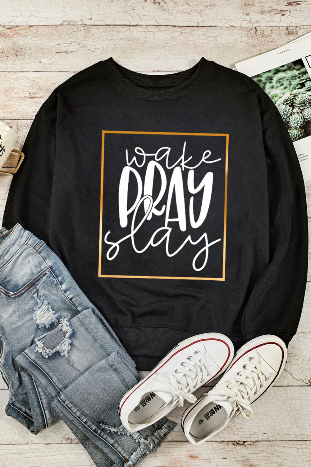 Wake Pray Slay Glitter Print Pullover Sweatshirt