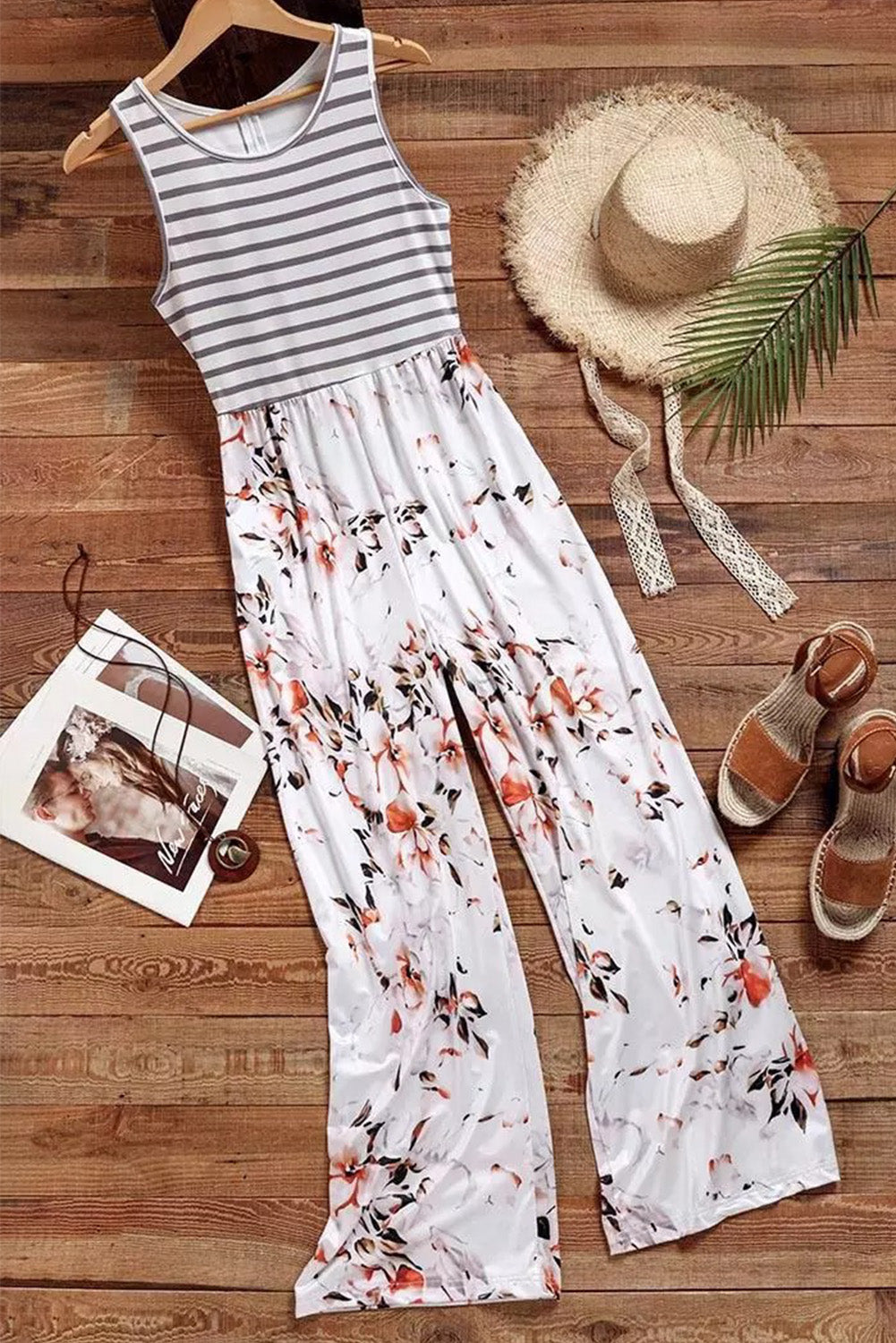 Striped Floral Pocket Sleeveless Jumpsuit