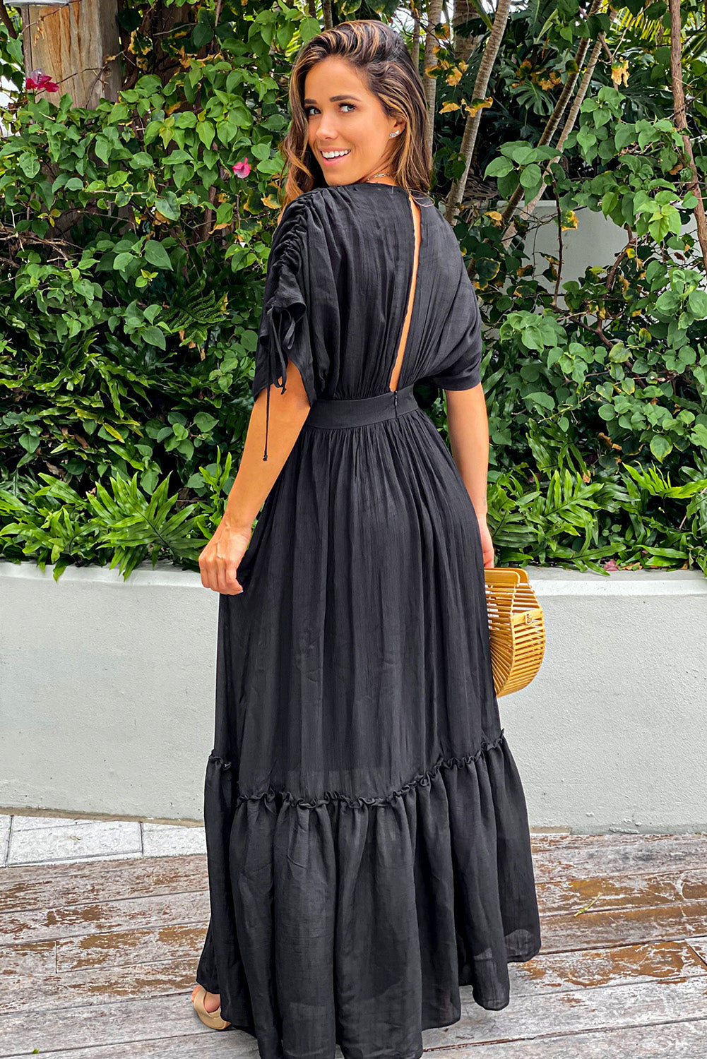 Drawstring Pleated Kimono Sleeve Ruffle Maxi Dress