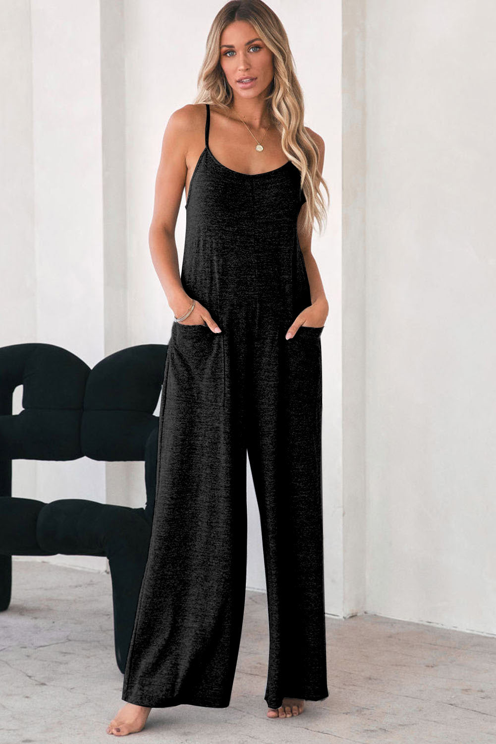 Loose Fit Side Pockets Spaghetti Strap Wide Leg Jumpsuit