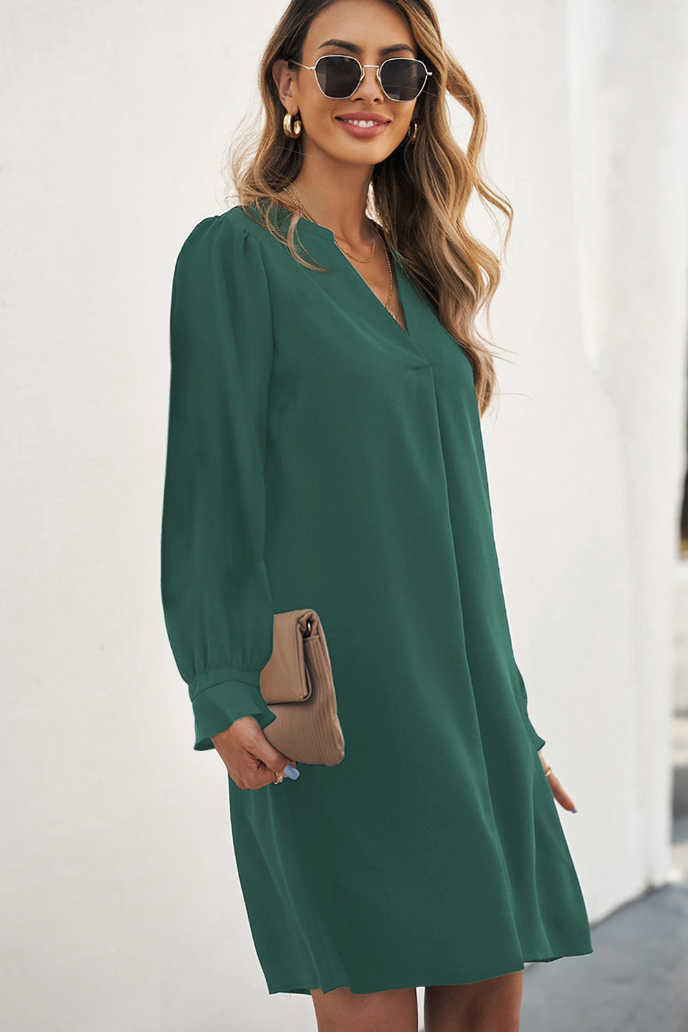 Green Split V Neck Ruffled Sleeves Shirt Dress