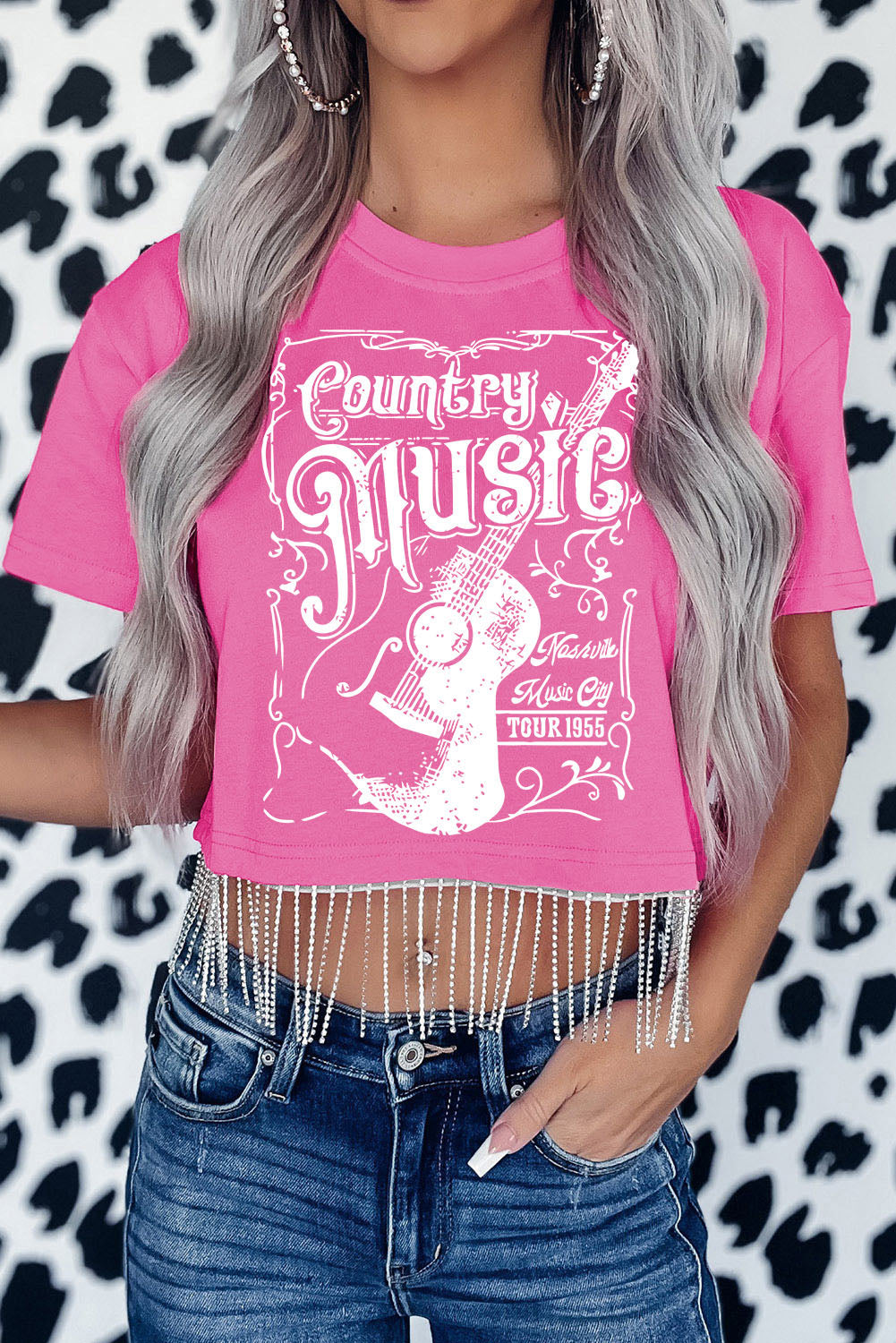 Country Music Graphic Print Rhinestone Fringed Crop Top