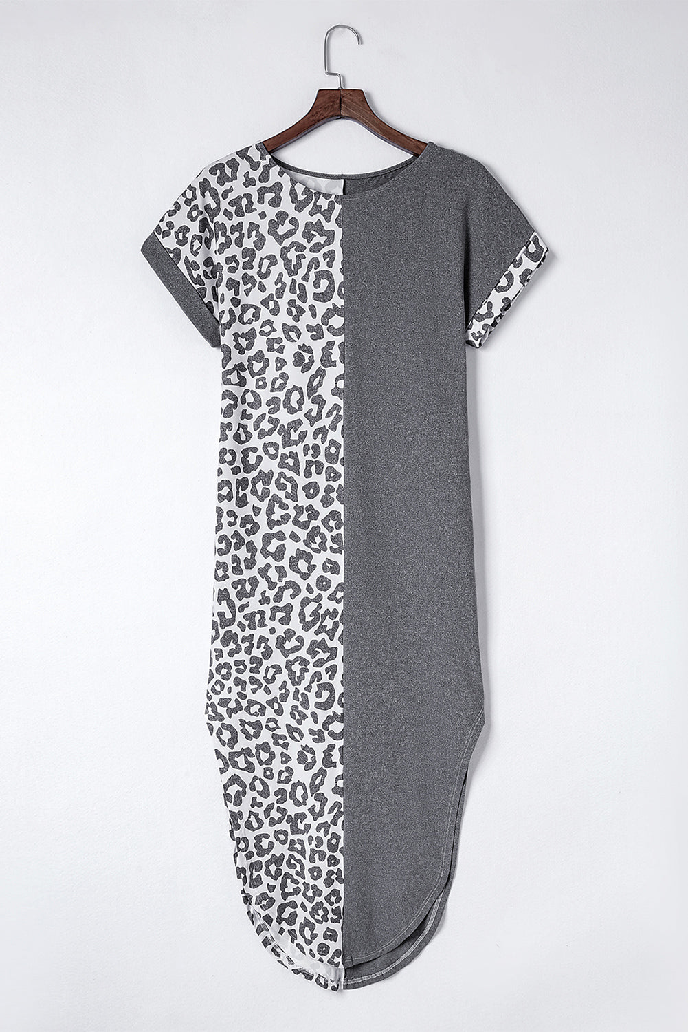 Contrast Solid Leopard Short Sleeve T-shirt Dress with Slits