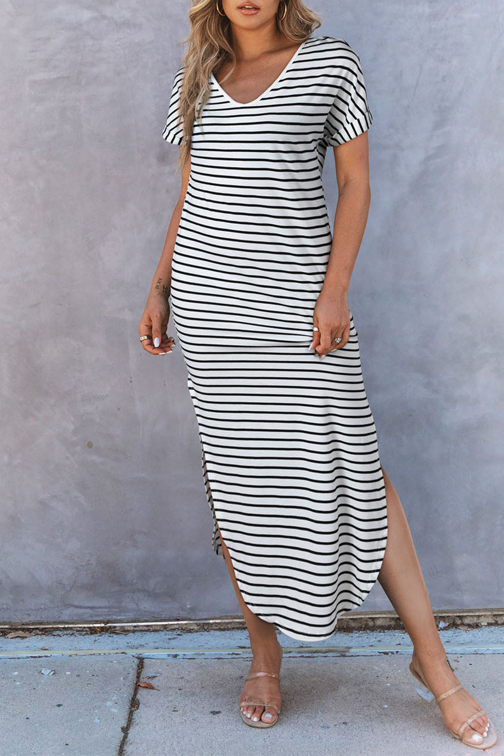 Striped Print Side Split Short Sleeve V Neck Maxi Dress