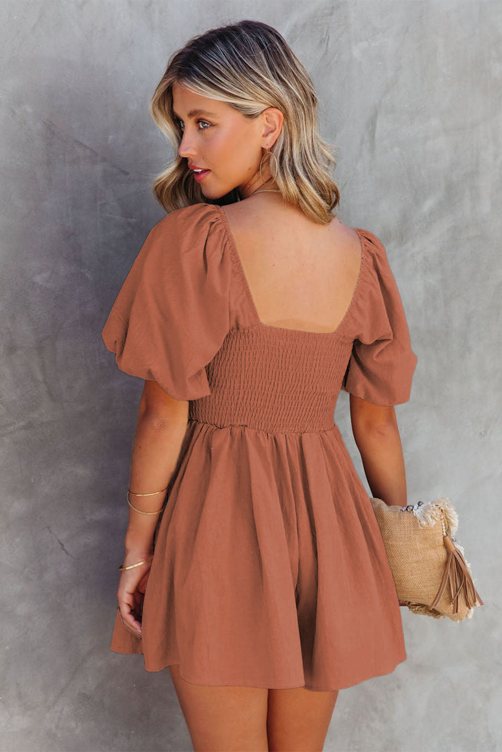 Square Neck Ruched Puff Sleeve Romper