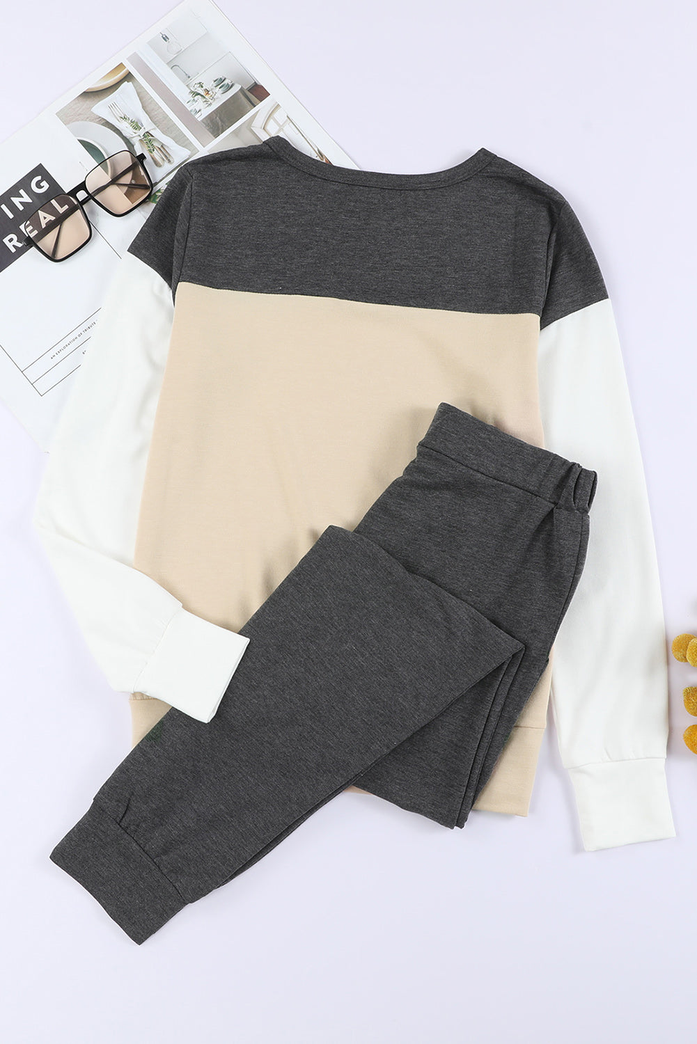 Khaki Color Block Pullover 2pcs Loungewear Set