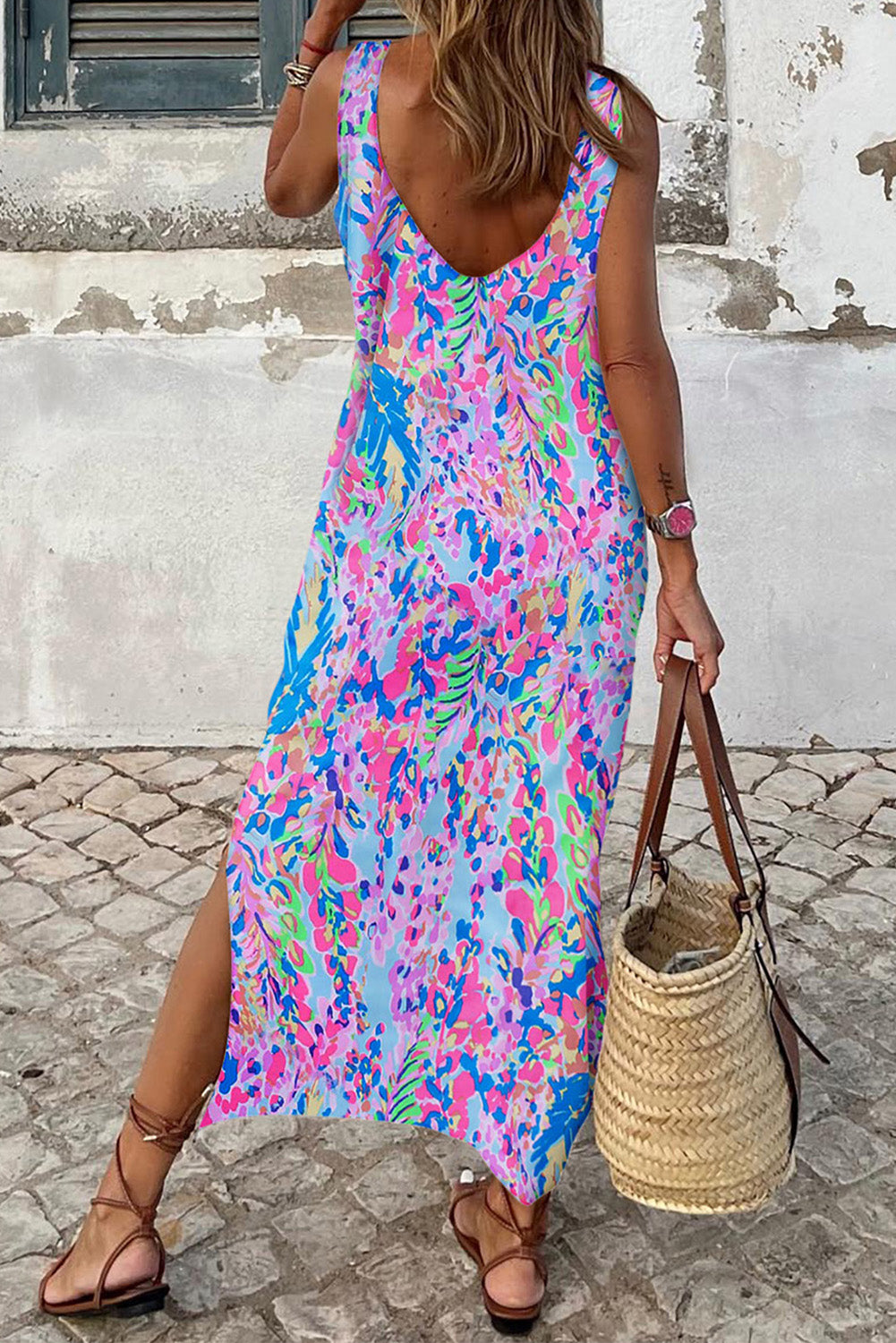 Abstract Floral Print Sleeveless Maxi Dress