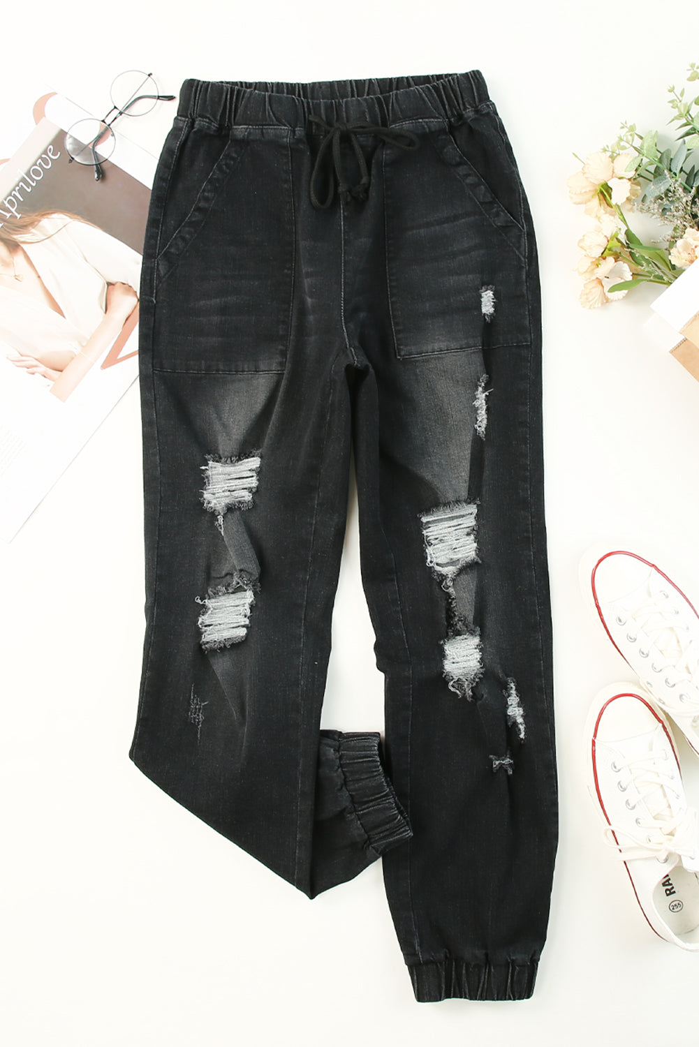 Pocketed Distressed Denim Jean