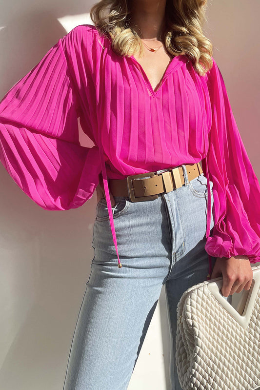 Pleated Bead String Tie V Neck Blouse