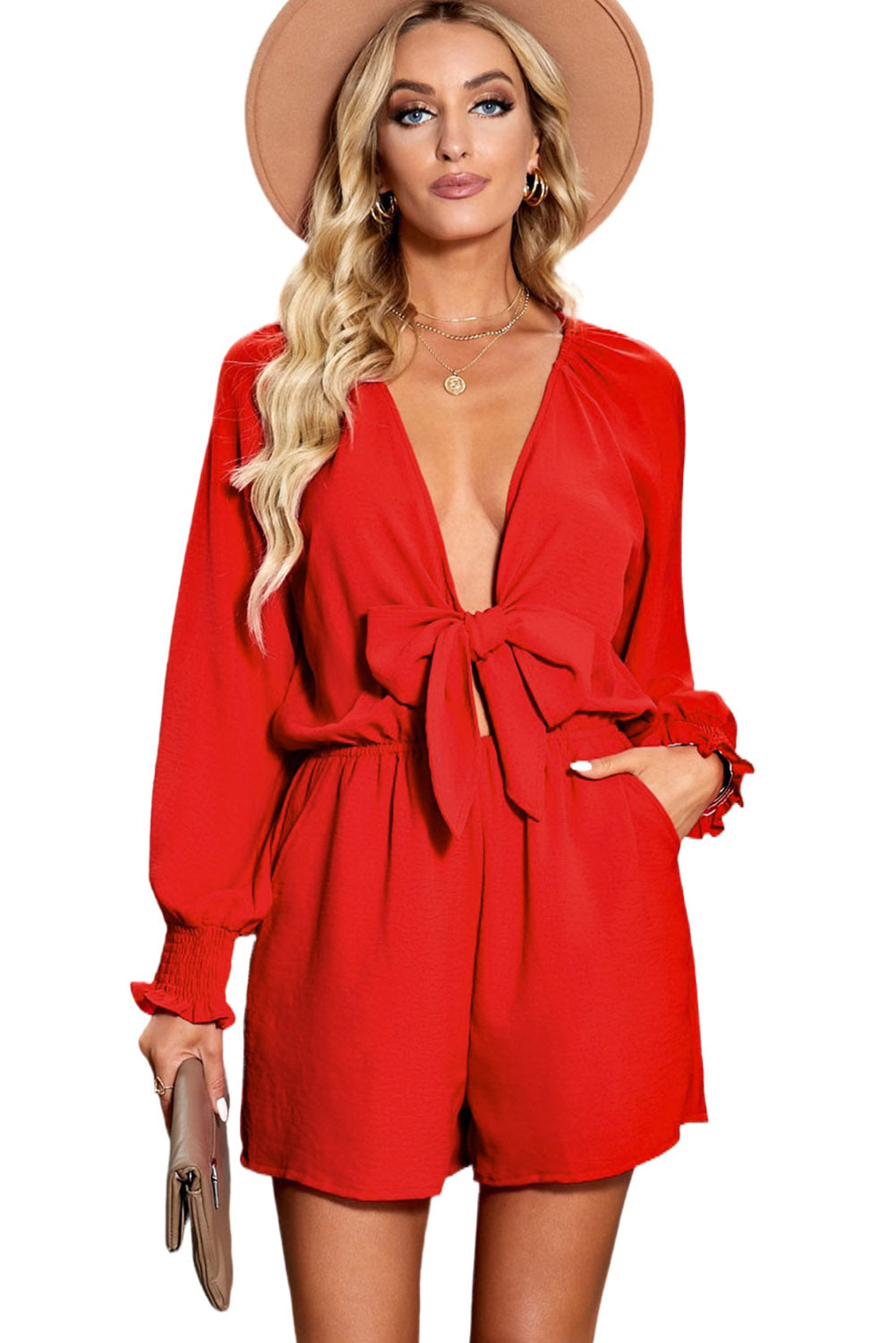 Tie Knot Puff Long Sleeve Romper