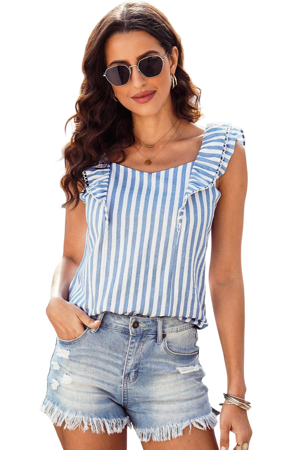 Striped Tie Back Ruffle Trim Tank Top