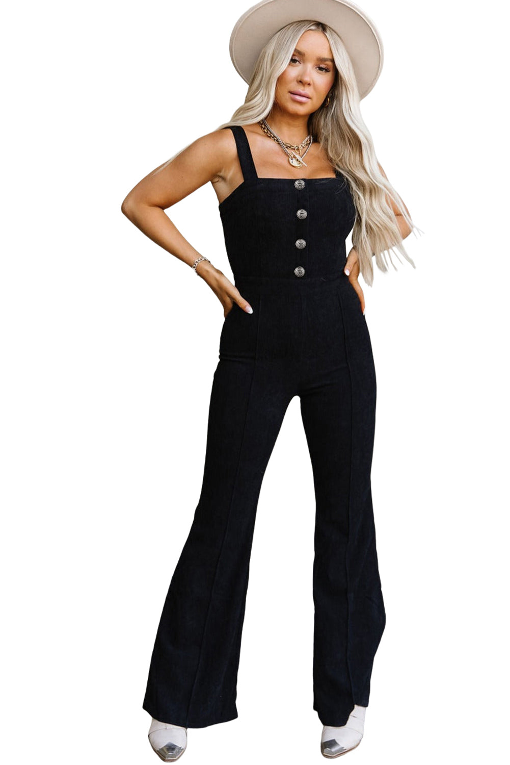 Sleeveless Buttoned Bodice Wide Leg Corduroy Jumpsuit