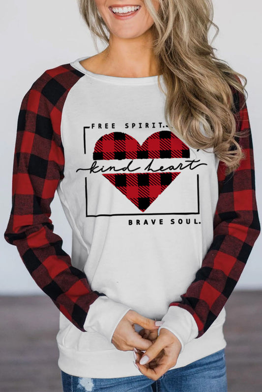 Plaid Heart Shaped Letter Color Block Long Sleeve Top