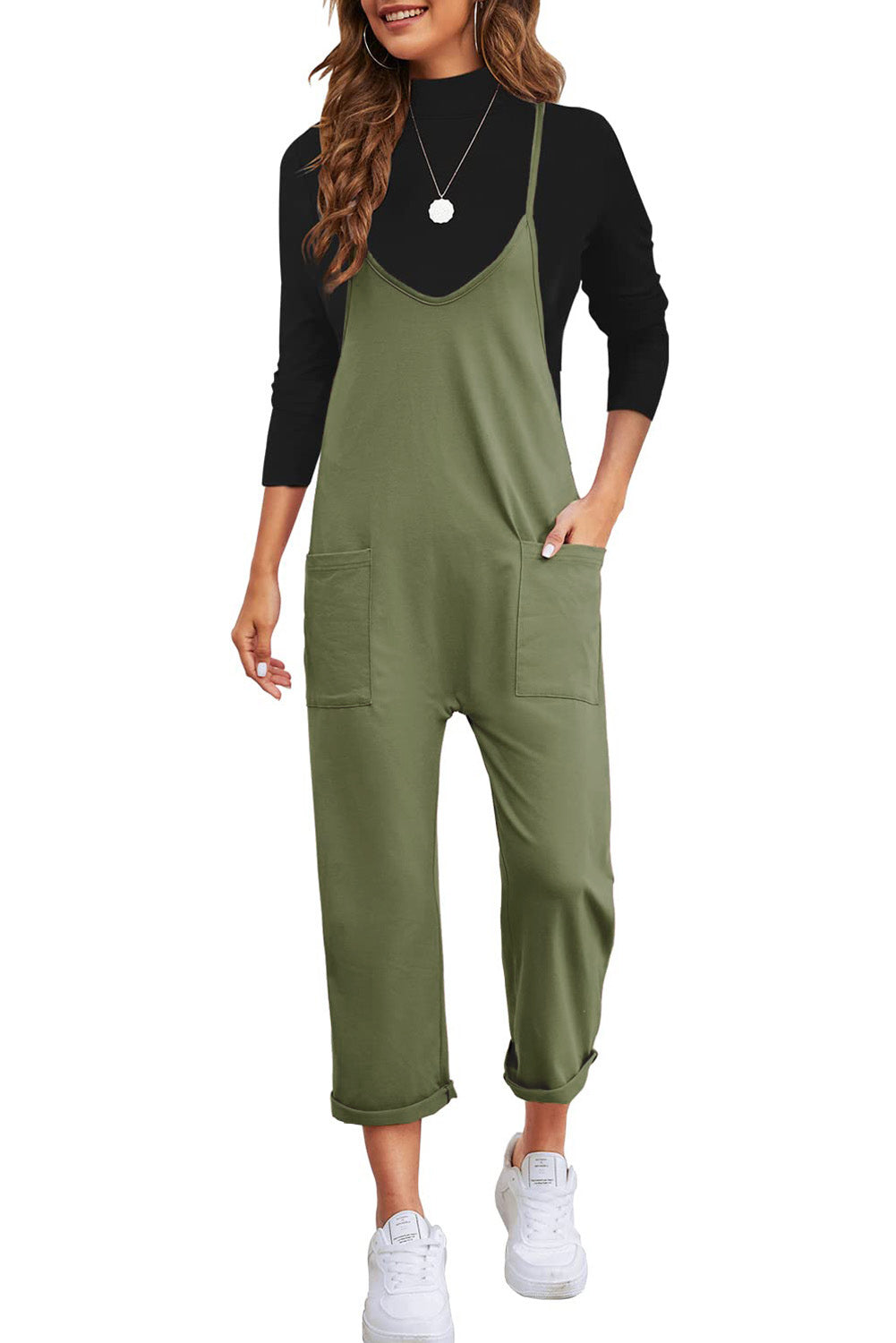 Pocketed Adjustable Spaghetti Strap Straight Leg Jumpsuit