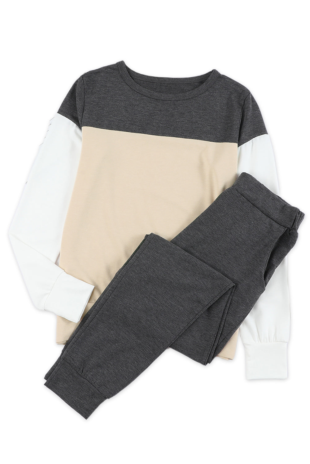 Khaki Color Block Pullover 2pcs Loungewear Set