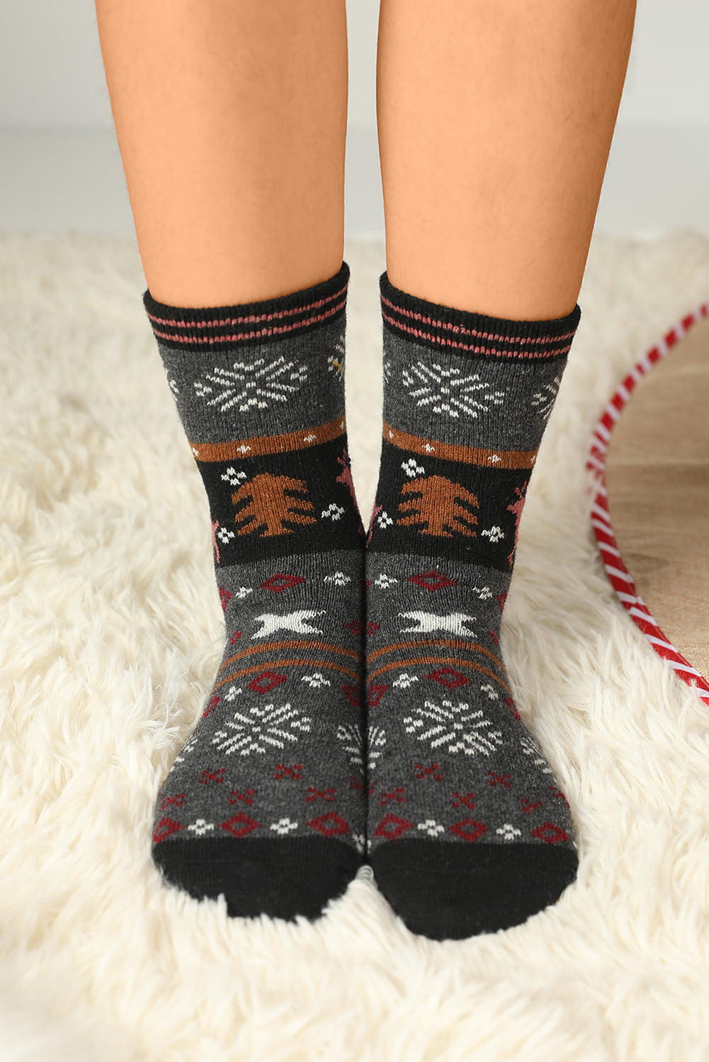 Multicolor 5 Pairs Christmas Reindeer Snowflake Pattern Socks